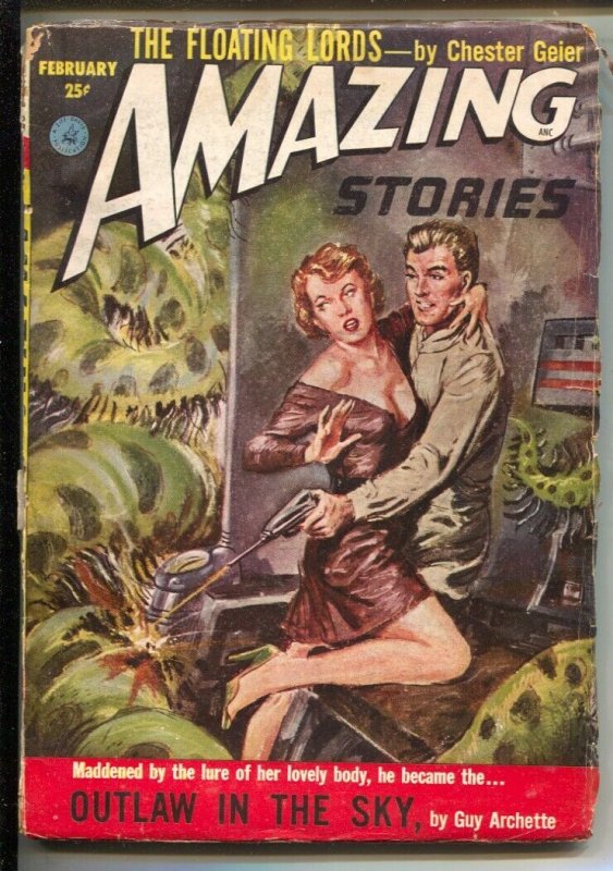 Amazing Stories 2/1953-Spicy Robert Frank cover-ray gun-Outlaw In The Sky-p...