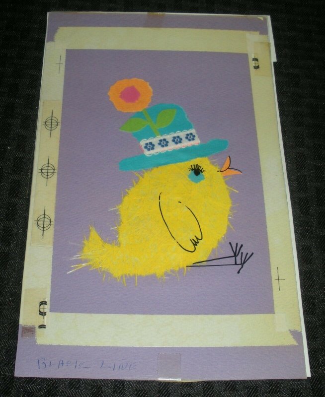 HAPPY EASTER Fuzzy Material Chick w/ Hat Flower 6.25x10 Greeting Card Art #9916