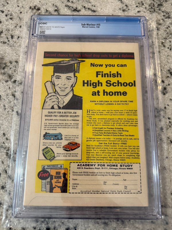 Sub-Mariner # 15 CGC Graded 8.0 Marvel Silver Age Comic Book 1969 Namor JH21