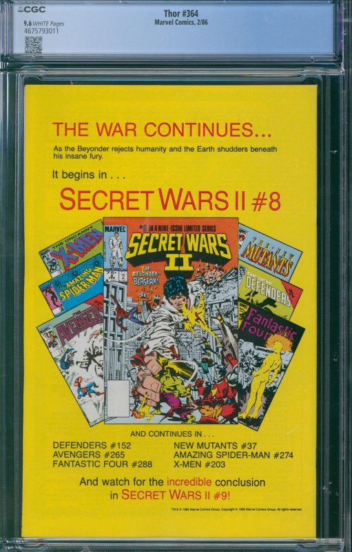 Thor #364 CGC 9.6 1986 - Thor becomes a frog