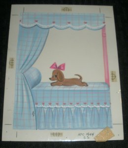 HAPPY BIRTHDAY Cute Dog on Bed w Pink Ribbon 5x6.5 Greeting Card Art #1644