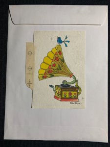 HAPPY BIRTHDAY Phonograph with Blue Bird 4.5x7 Greeting Card Art #B8838