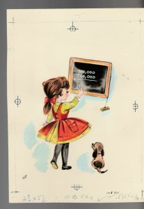 HAPPY BIRTHDAY Cute Girl Doing Math w/ Puppy 6.25x9 Greeting Card Art #B564