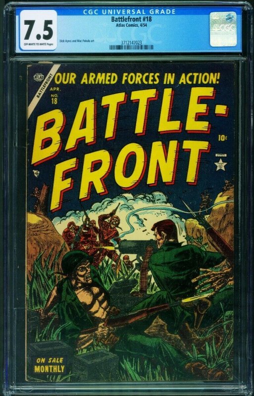 BATTLE FRONT #18 CGC 7.5-Dick Ayers-Violent Atlas War Comic 1954 3712147023