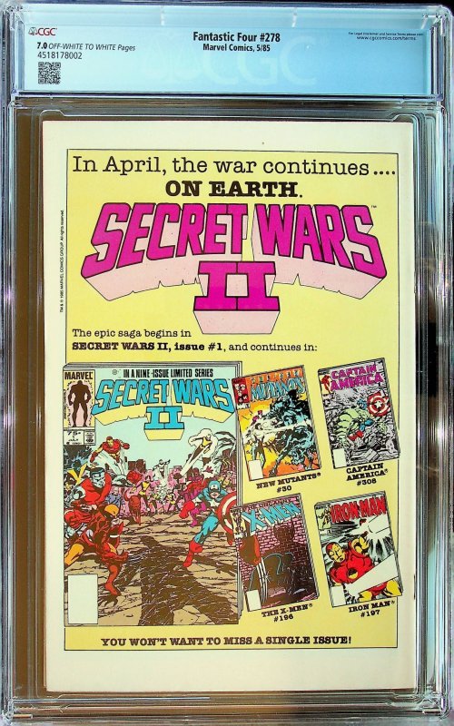 Fantastic Four #278 Direct Edition (1985) - CGC 7.0 - Cert#4518178002