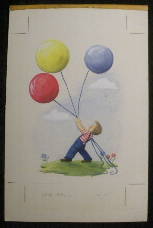 BIRTHDAY Painted Young Boy w/ Balloons Flowers 9x14 Greeting Card Art #1516