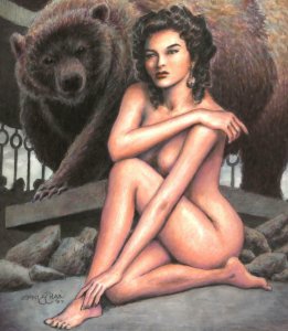 ERNIE CHAN original art, BARE BEAUTY Front Cover, 14x11, 2007, Woman w Grizzle