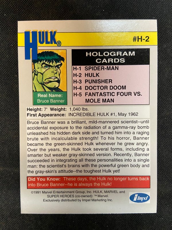 INCREDIBLE HULK HOLOGRAM CARD 1991 IMPEL EX-MT 6