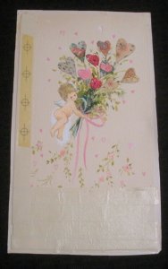 VALENTINE Cute Angel w/ Wings & Flowers 6.5x11 Greeting Card Art #V3934