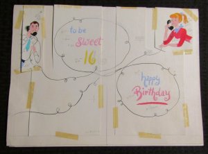 HAPPY BIRTHDAY Sweet 16 Boy & Girl on Phone 15x11 Greeting Card Art #B8804