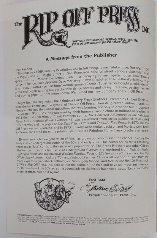 Underground Classics 1 The Fabulous Furry Freak Brothers Rip Off Press Near  Mint  Comic Books - Modern Age, Rip Off Press, Fabulous Furry Freak  Brot / HipComic