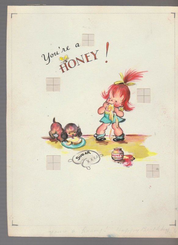BIRTHDAY Cute Red Haired Girl w/ Sugar Puppy 2pcs 7x9 Greeting Card Art #B1144