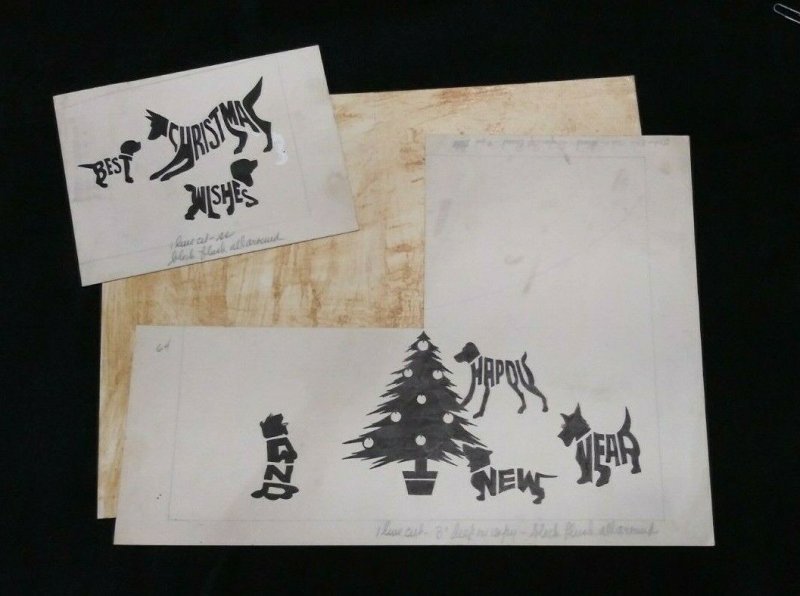 CHRISTMAS Best Wishes New Year Dogs Tree Letters 12x9 Greeting Card Art #773