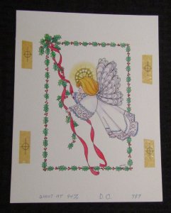 CHRISTMAS Angel with Purple Wings Robe & Red Ribbon 7x9 Greeting Card Art #787