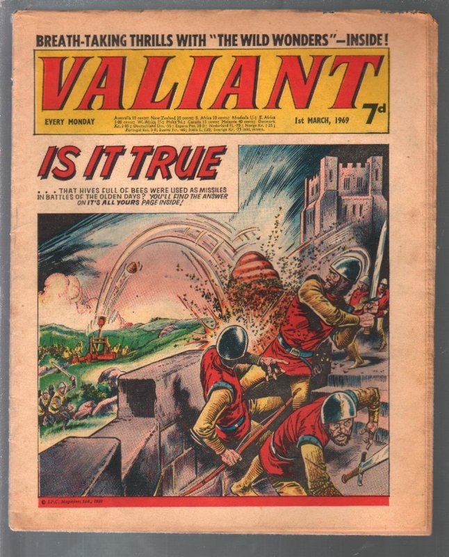 Valiant 3/1/1969-IPC-tabloid-beehive catapult-Steel Claw-Mytek-UK-VG
