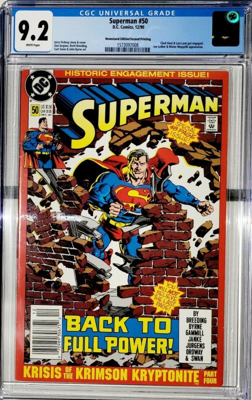 Superman #50 CGC 9.2 (DC 1990) Newsstand, Rare 2nd Print, Only 9 in census 