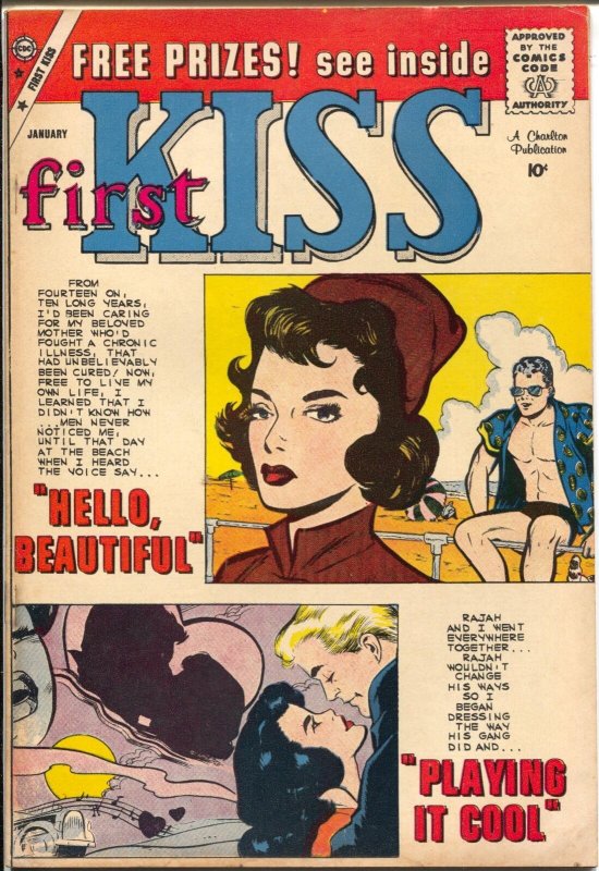 First Kiss #12 1960-Charlton-love triangle-headlight panels-10¢ cover price-FN