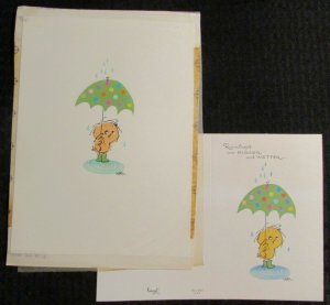 GET WELL SOON Cartoon Chick w/ Rain Umbrella 7x10 Greeting Card Art #9532