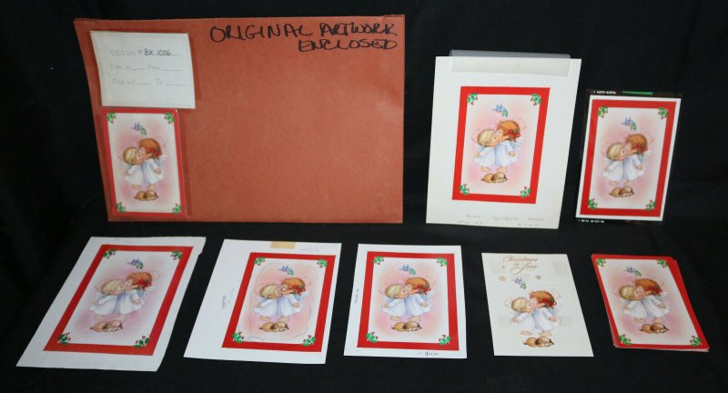 Original Christmas Greeting Card Art LOT - Two Cute Angels Kissing with Dog