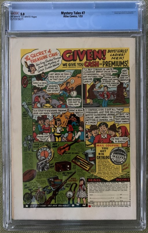 MYSTERY TALES #7 CGC 5.0 O/W to WHITE PAGES! RISING CORPSE COVER STAN LEE ROMITA