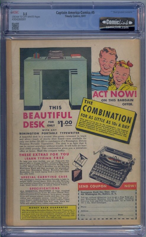 CAPTAIN AMERICA COMICS #5 CGC 3.5 1941 1ST STAN LEE STORY TIMELY COMICS