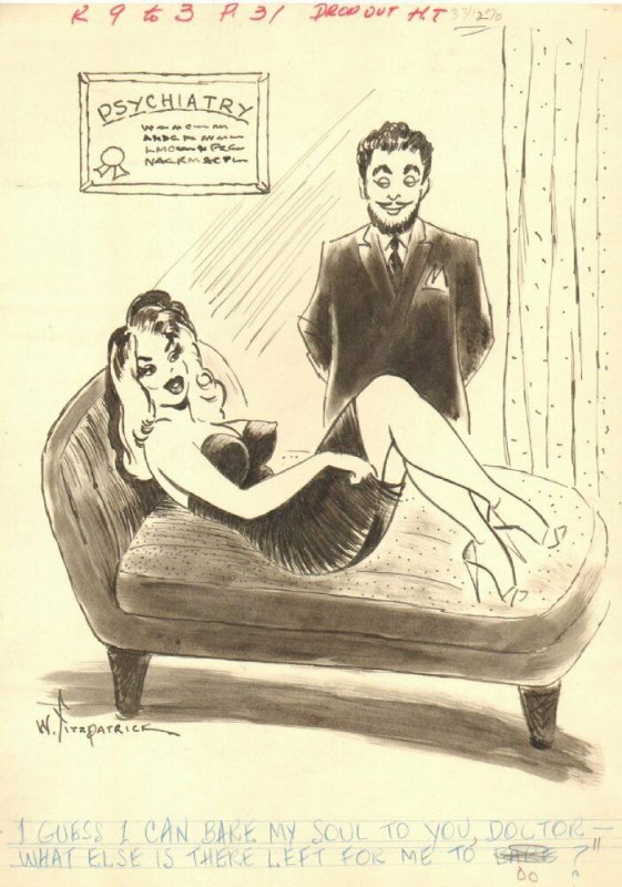 Hot Blonde on Couch w/ Psychiatrist - 1960's Humorama art by W. Fitzpatrick