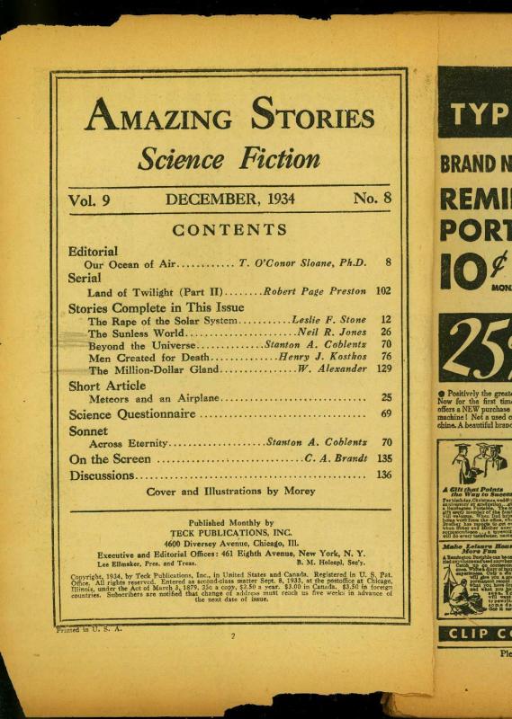 Amazing Stories Pulp December 1934 - Land of Twilight- Reading Copy