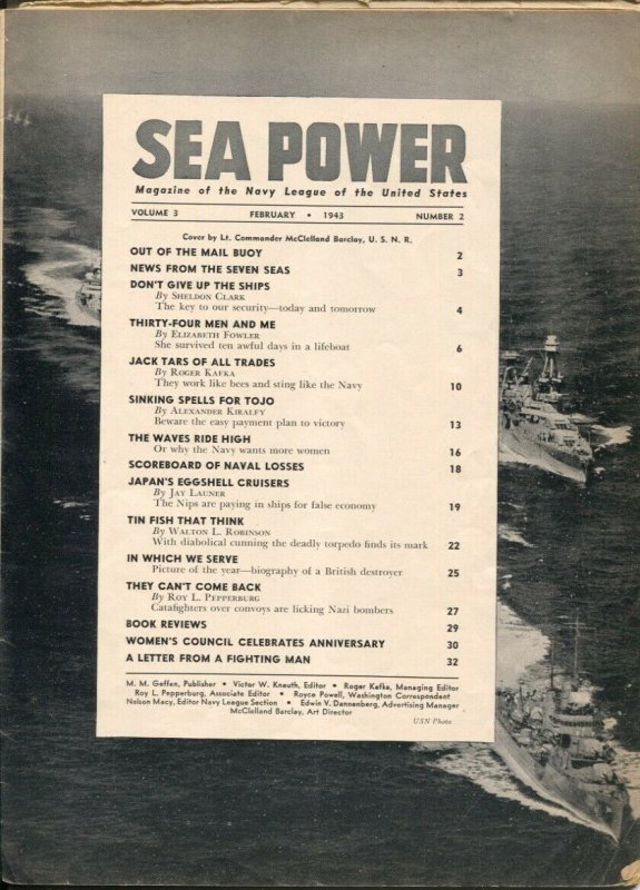 Sea Power 2/1943-McClelland Barclay cover art-war pix &info-rare-G 