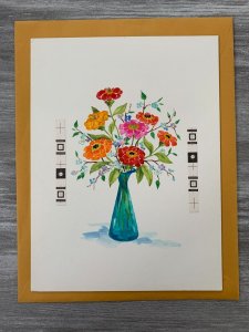 LOTS OF HAPPINESS TODAY Orange Flowers Blue Vase 7.5x10 Greeting Card Art B8854