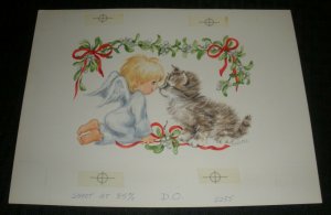 CHRISTMAS Cute Angel Girl w/ Kitten & Ribbon 9.5x7.25 Greeting Card Art #5255