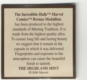 Highland Mint Marvel Medallion - Hulk - Limited Pure .999 Bronze - COA - 25,000