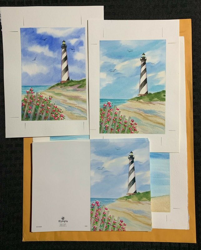 STRIPED LIGHTHOSE Beah Flowers 3pcs 11x13.5 Greeting Card Art #0043 w/ 27 Cards 