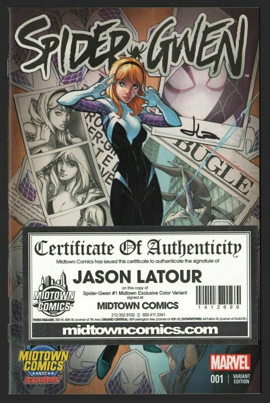 SPIDER-GWEN #1 MIDTOWN COLOR VARIANT J Scott Campbell SIGNED JASON LATOUR W/COA