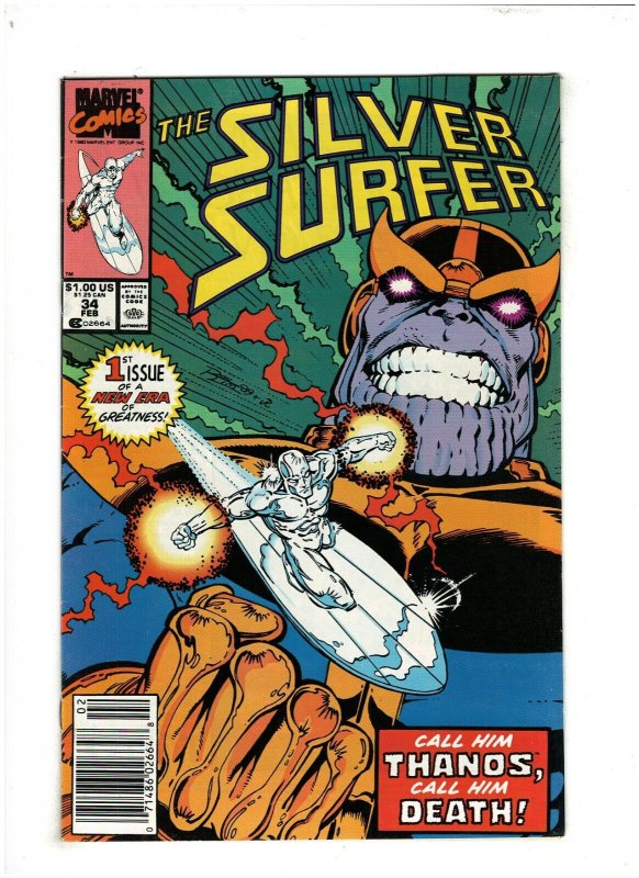 Silver Surfer #34 VF/NM 9.0 Newsstand Marvel 1990 Re-Intro of Thanos 