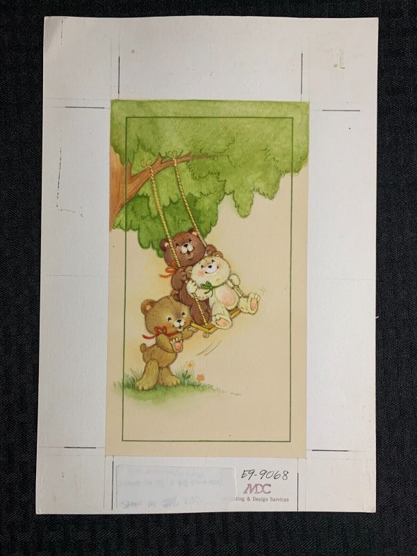 FRIENDS SHARE Three Cute Teddy Bears on Swing 8x12 Greeting Card Art #9068