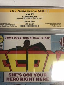 Icon (1993) #1 (CGC 9.2 SS WP) Signed & Sketch Denys Cowan| DC / Milestone