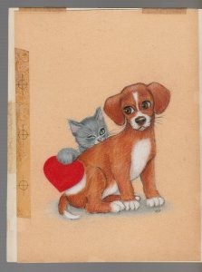 BE MY VALENTINE Painted Winking Cat & Dog w/ Heart 7x9 Greeting Card Art #V3247