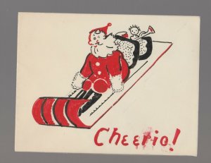 MERRY CHRISTMAS Santa Claus on Sled Cheerio 4.25x3.25 Greeting Card Art #nn