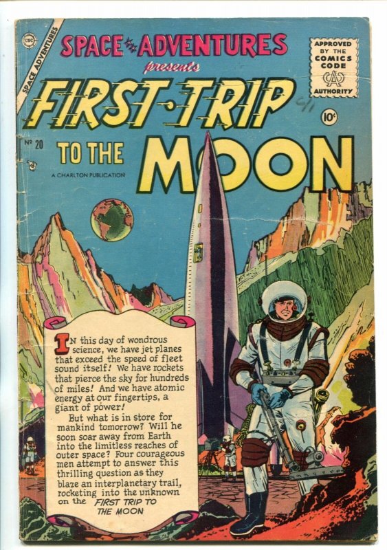 SPACE ADVENTURES #20-1956-CHARLTON-FIRST TRIP TO THE MOON-ROCKET COVER-vg+