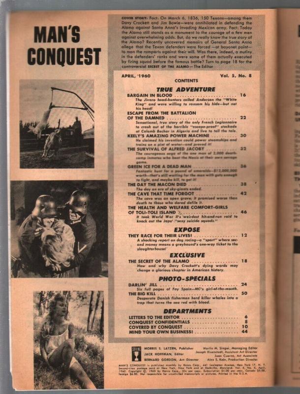Man's Conquest 4/1960-Alamo-Davy Crockett-Fay Spain cheesecake pix-G/VG