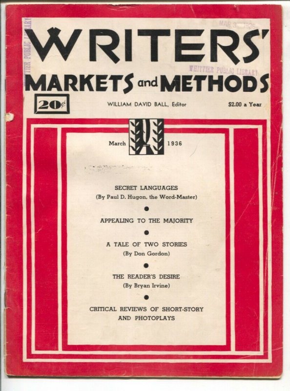 Writers' Markets and Methods 3/1936-G-Men-All Western-Poular Detective-Public...