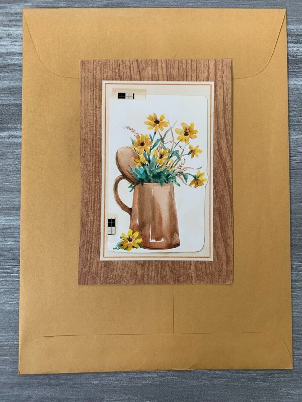 ON YOUR RETIREMENT Yellow Flowers in Copper Mug 5x7.5 Greeting Card Art M9911