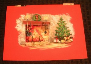 CHRISTMAS Fireplace w/ Wreath Candles Rocking Horse 8x6 Greeting Card Art #FL803