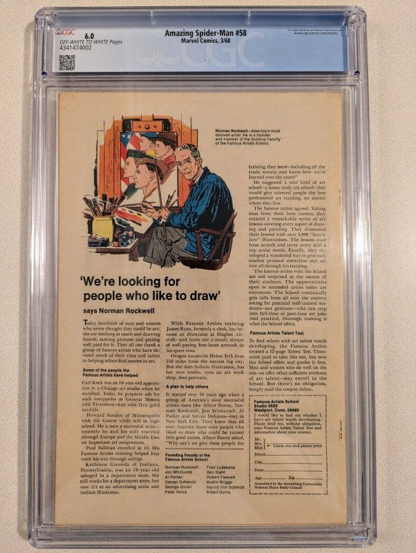 Amazing Spider-Man #58 CGC 1968 John Romita Sr 1st Spider Slayer II Iconic Cover