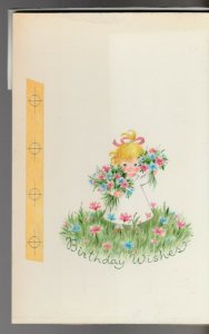 BIRTHDAY WISHES Cute Blonde Girl w/ Bouquets 6x9 Greeting Card Art #B1194