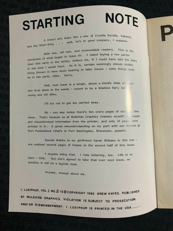 1992 I LUSIPHUR #2 FN 6.0 Drew Hayes / Mulehide Graphics