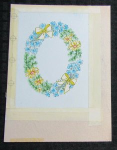 HAPPY BIRTHDAY Blue Yellow Flowers & Bows in Wreath 6x8 Greeting Card Art #B504