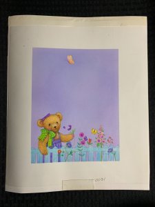 A NOTE OF CHEER Cute Teddy Bear with Flowers 11.5x14 Greeting Card Art #0031