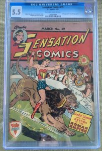 SENSATION COMICS #39 CGC 5.5 -- O/W TO WHITE PAGES! WONDER WOMAN! MARSTON/GAINES