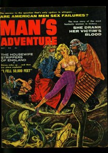 Man's Adventure Pulp Magazine May 1961- Snake torture cover- Housewife strippers